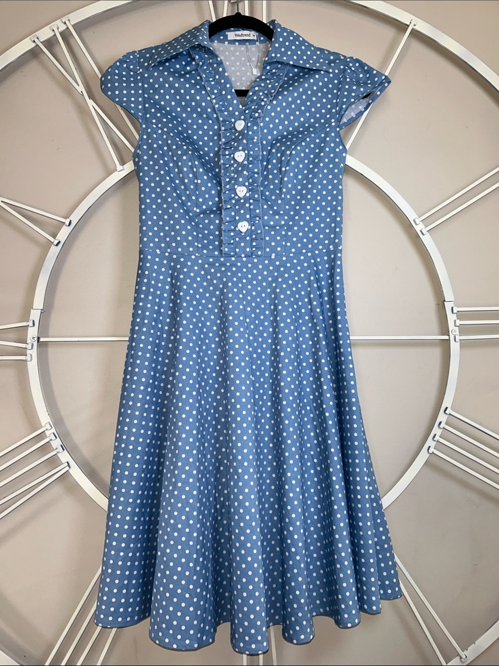 NWOT Wedtrend Vintage-Inspired Blue Polka Dot Fit & Flare Dress w Heart Buttons